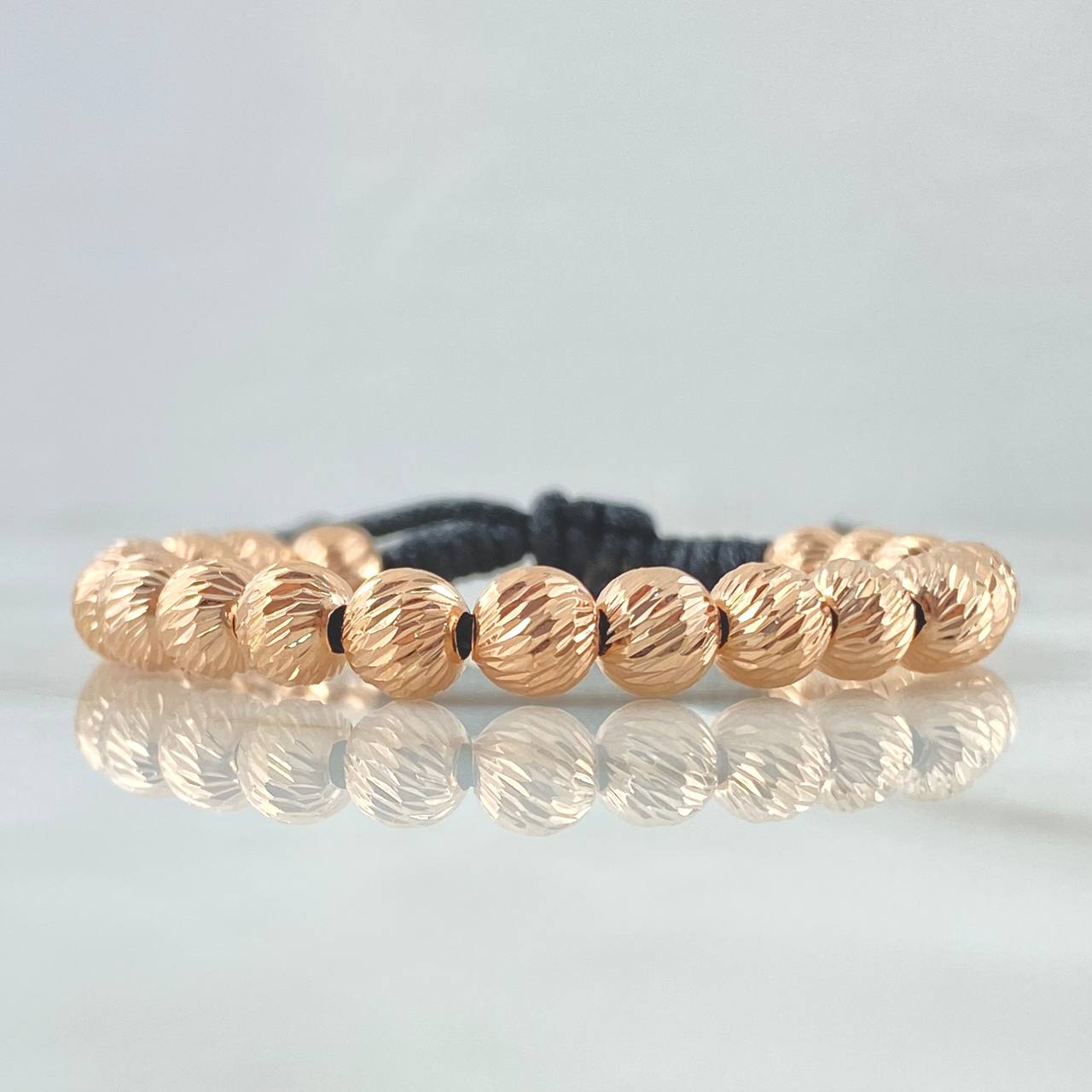 Pulsera Negra Bolas 3.45gr / 6mm Bolas Diamantadas 20und Oro Rosa 18K ©