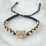 Pulsera Negra Herraje Cara De Oso 3.7gr / 5mm Bolas Diamantadas 12und - Circones Blancos Oro Amarillo 18K ©