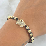 Pulsera Negra Herraje Cara De Oso 3.7gr / 5mm Bolas Diamantadas 12und - Circones Blancos Oro Amarillo 18K ©