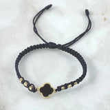 Pulsera Negra Trebol VCyA 0.95gr / 3mm Bolas Diamantadas 6und Oro Amarillo 18K ©