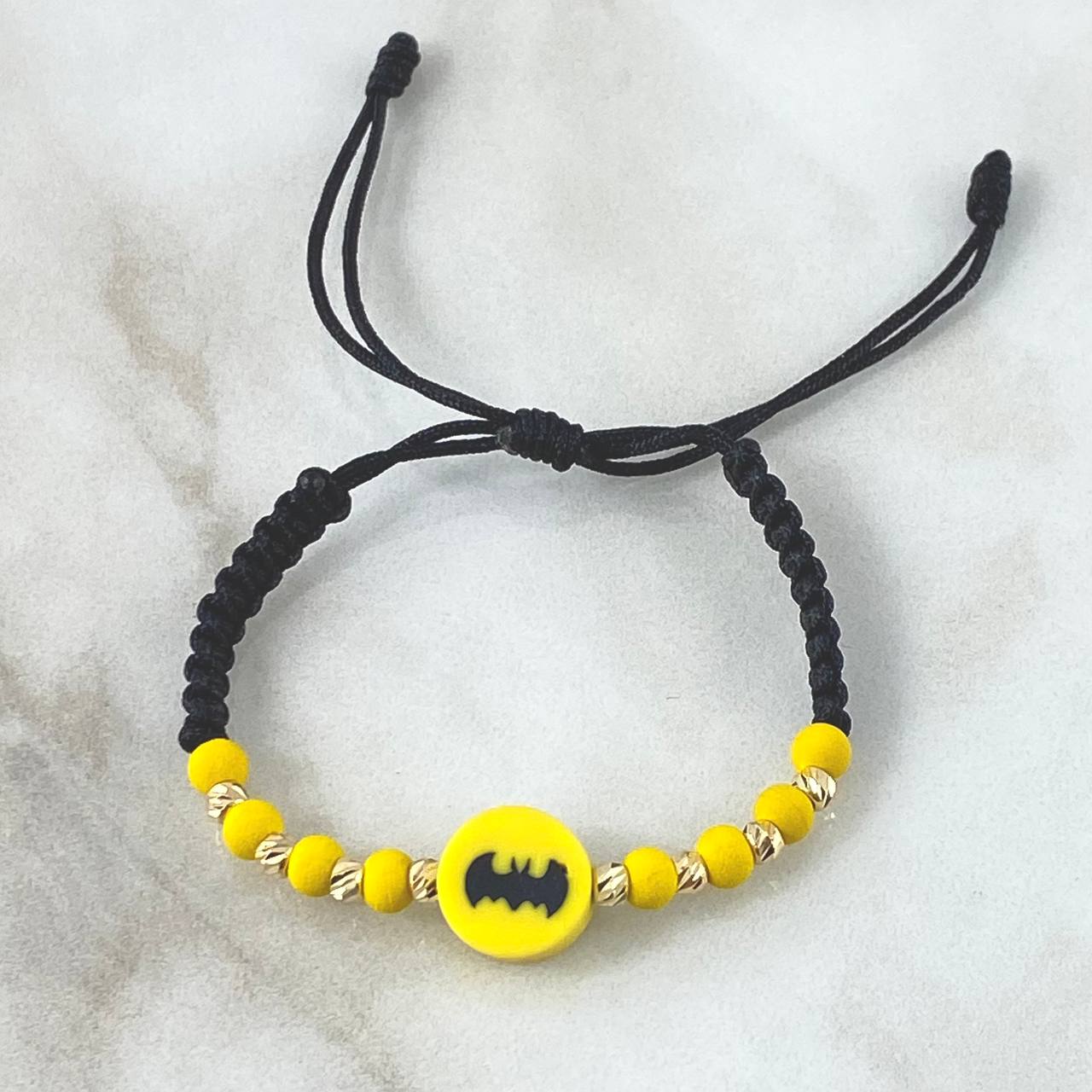 Pulsera Negra Batman 3mm Bolas Diamantadas 8und Oro Amarillo 18K (A.C)