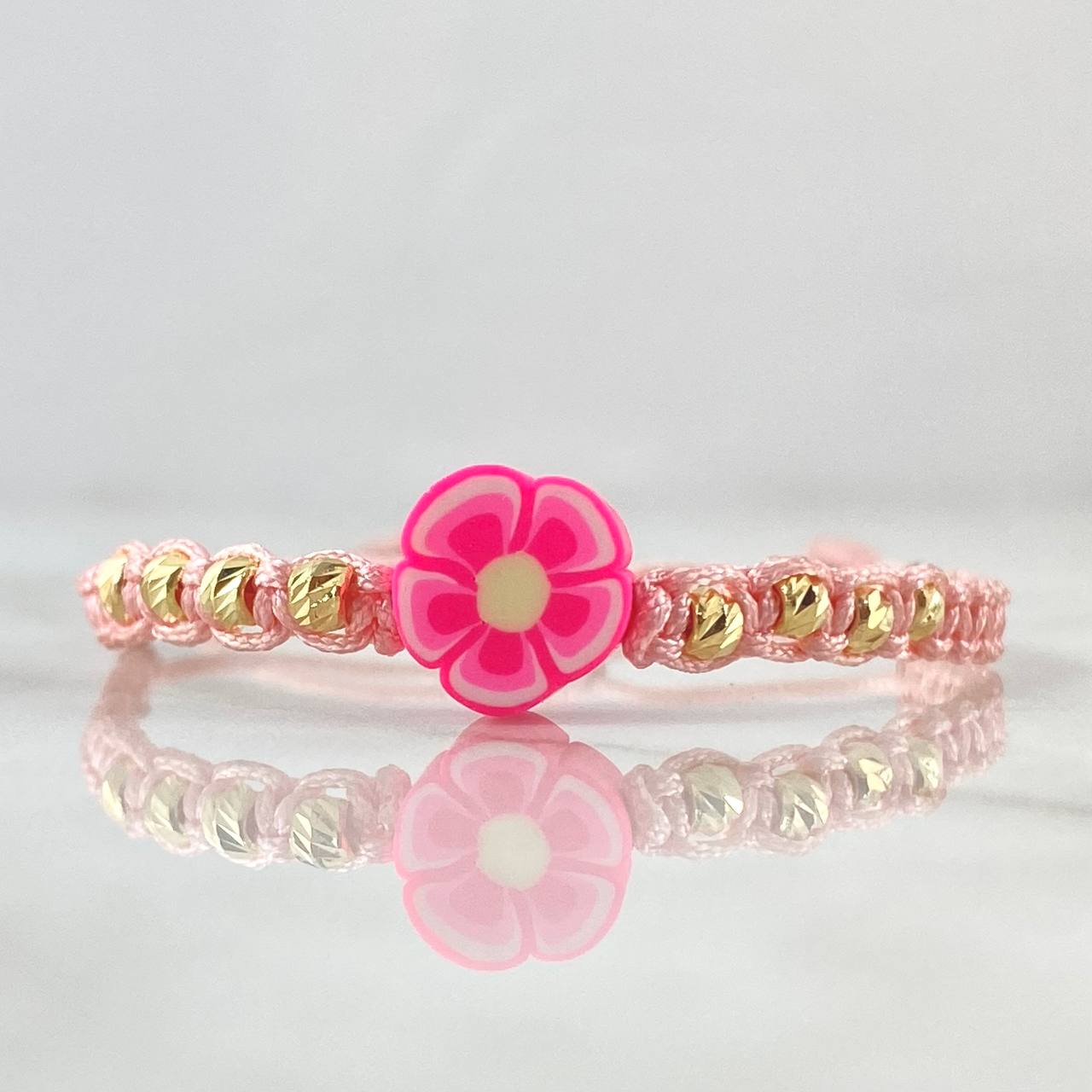 Pulsera Rosada Flor 3mm Bolas Diamantadas 8und Oro Amarillo 18K (A.C)