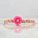 Pulsera Rosada Flor 3mm Bolas Diamantadas 8und Oro Amarillo 18K (A.C)