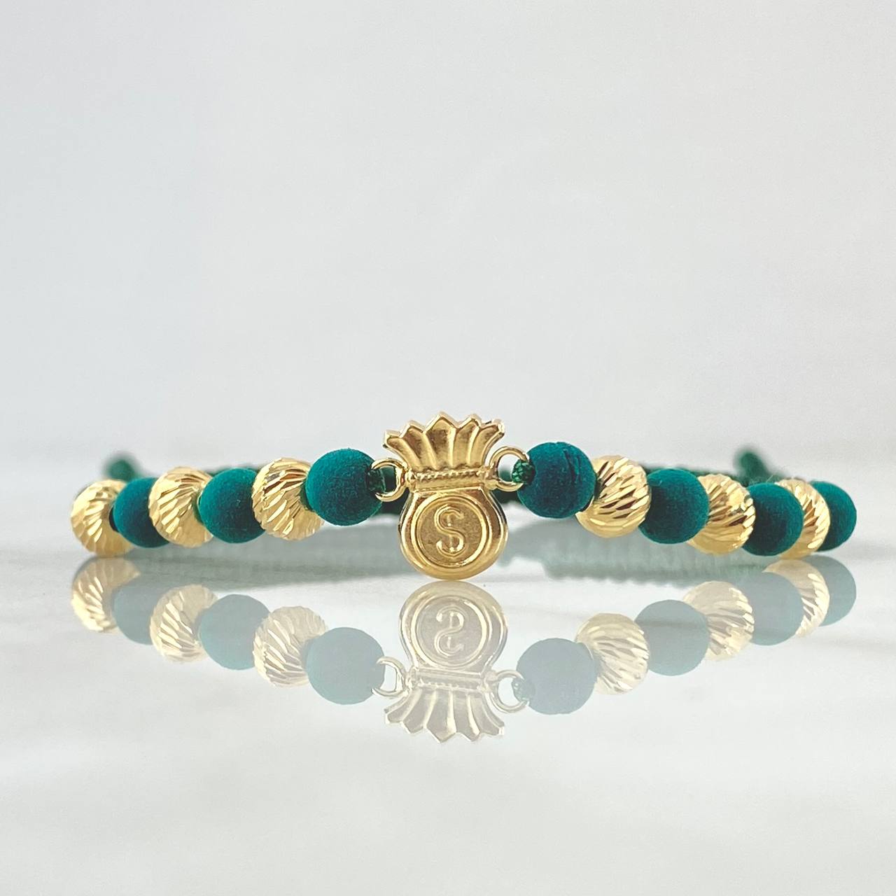 Pulsera Verde Herraje Bolsa De Dinero 1.2gr / 5mm Bolas Diamantadas 6und Oro Amarillo 18K ©