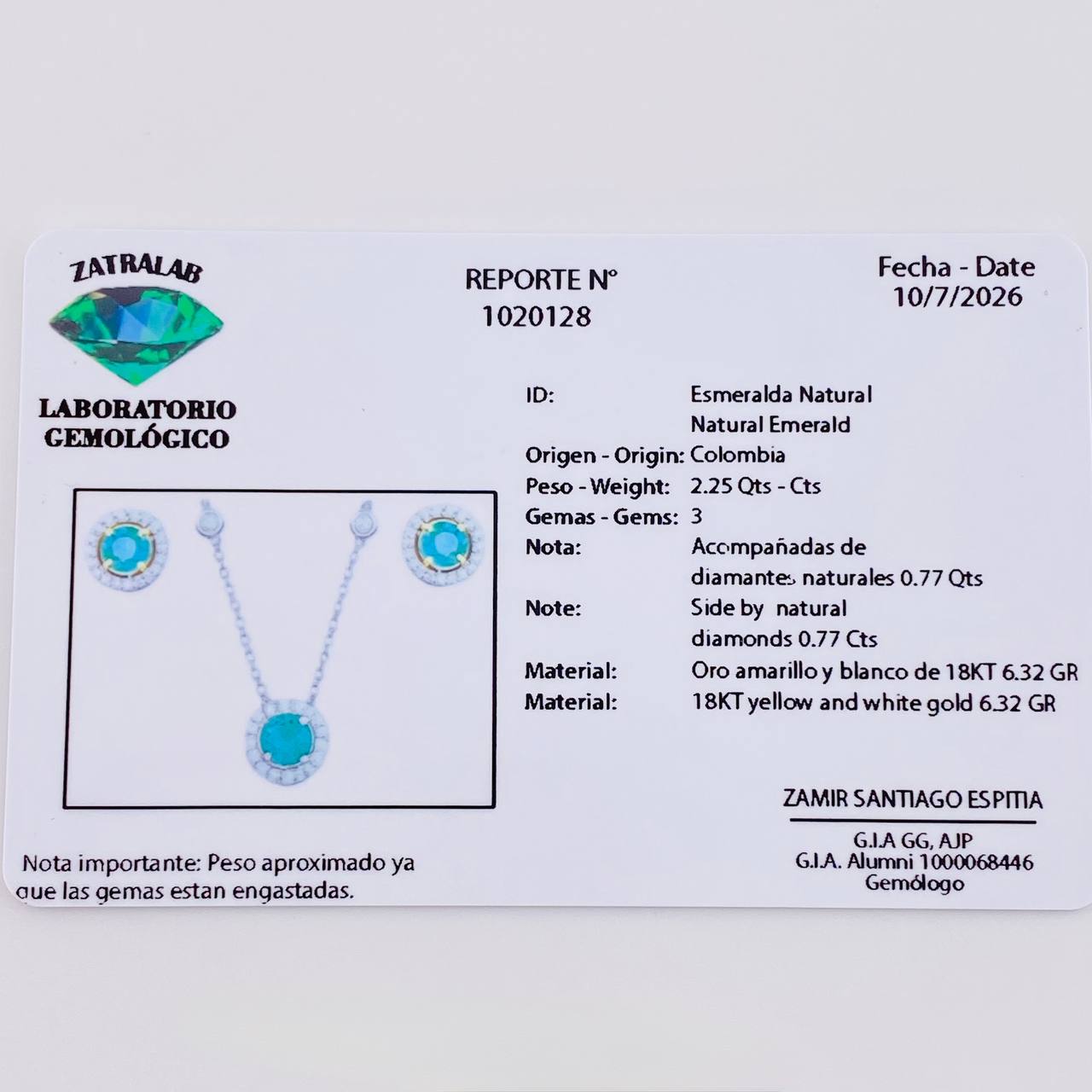Set Cadena Topos Circulo Cuatro Garras Esmeralda 2.25pts Diamantes 77pts 6.65g / 1mm Dos Oros Amarillo Blanco 18K