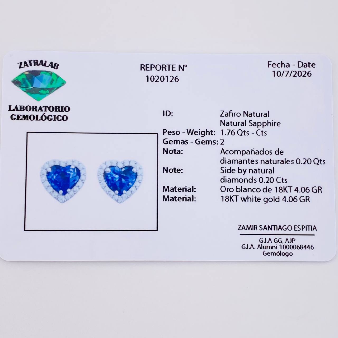 Topos Corazón Doble Zafiro 1.76pts Diamantes 20pts 4.15g / 9.6mm Oro Blanco 18K