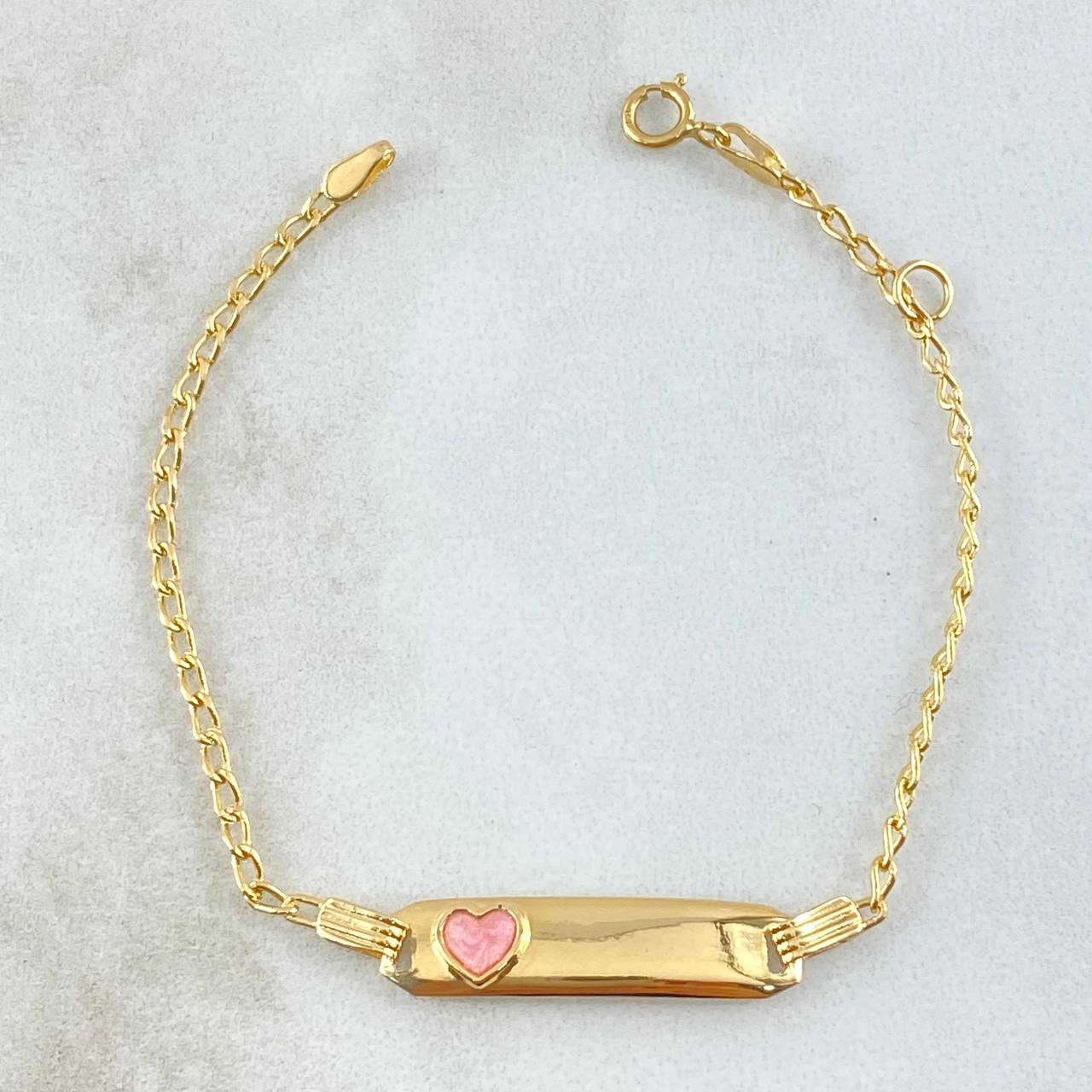 Pulso Bebé Espiga Placa Rectangular Corazón 1.7gr / 12cm-14cm / 1.6mm Resina Fucsia Graduable Oro Amarillo 18K