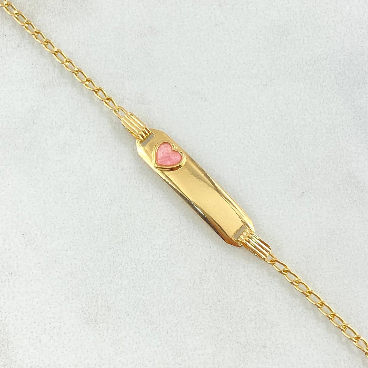 Pulso Bebé Espiga Placa Rectangular Corazón 1.65gr / 12cm-14cm / 1.6mm Resina Fucsia Graduable Oro Amarillo 18K