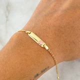 Pulso Bebé Espiga Placa Rectangular Corazón 1.65gr / 14cm-16cm / 1.6mm Resina Rosada Graduable Oro Amarillo 18K *