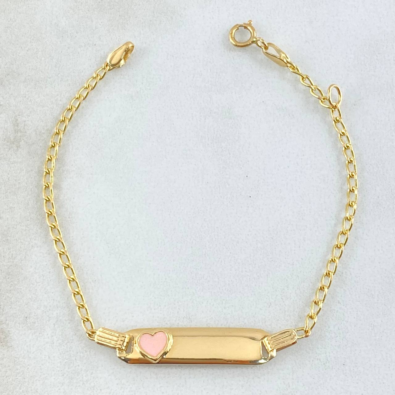 Pulso Bebé Espiga Placa Rectangular Corazón 1.60gr / 14cm-16cm / 1.6mm Resina Rosada Graduable Oro Amarillo 18K ©