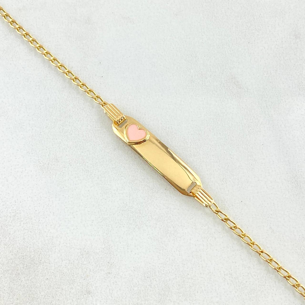 Pulso Bebé Espiga Placa Rectangular Corazón 1.60gr / 14cm-16cm / 1.6mm Resina Rosada Graduable Oro Amarillo 18K ©