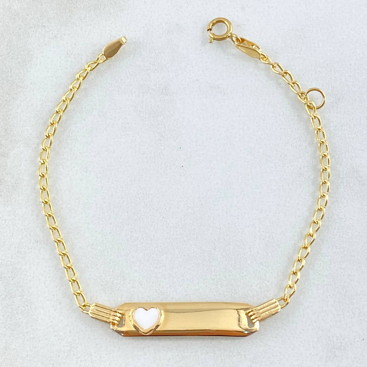 Pulso Bebé Espiga Placa Rectangular Corazón 1.55gr / 15cm-16cm / 1.6mm Resina Blanca Graduable Oro Amarillo 18K