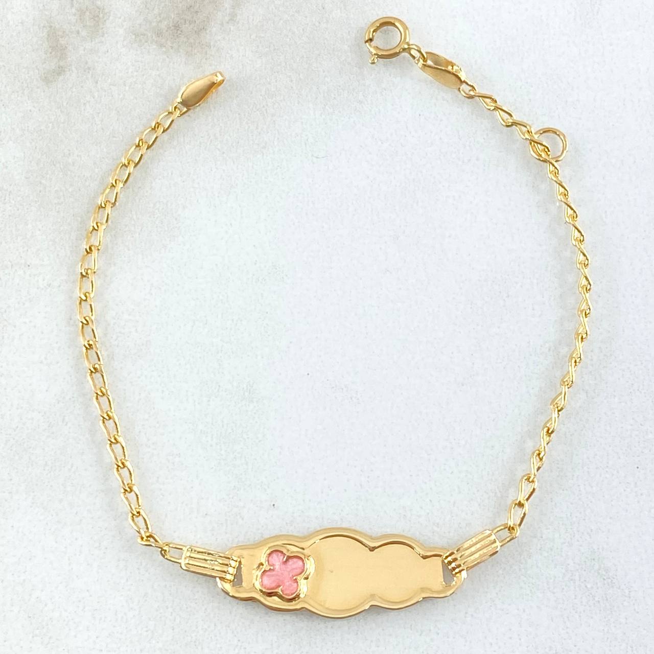 Pulso Bebé Espiga Placa Nube Trebol 1.7gr / 12cm-14cm / 1.6mm Resina Fucsia Graduable Oro Amarillo 18K