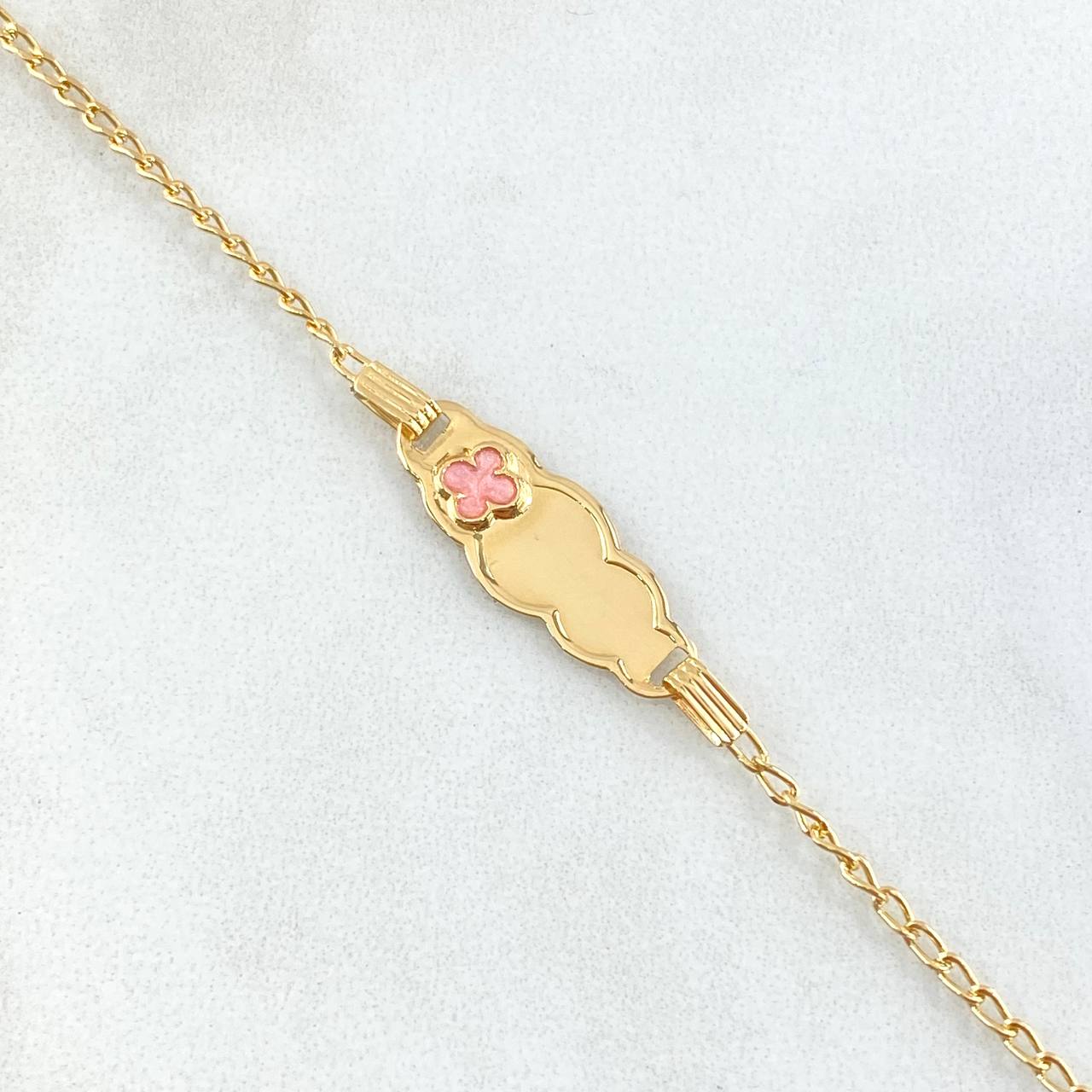 Pulso Bebé Espiga Placa Nube Trebol 1.7gr / 12cm-14cm / 1.6mm Resina Fucsia Graduable Oro Amarillo 18K