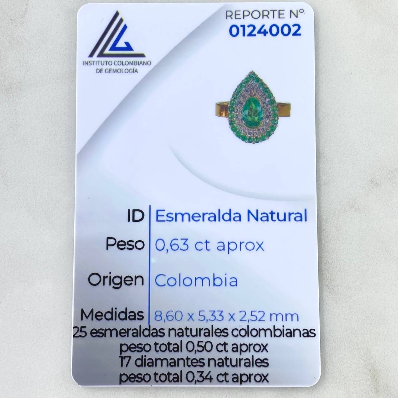 Anillo Halo Gota Tupido 6.45gr / T6 1/4 / Esmeraldas 1.13 Qts Diamantes 34pts Oro Amarillo 18K (Joya) ©