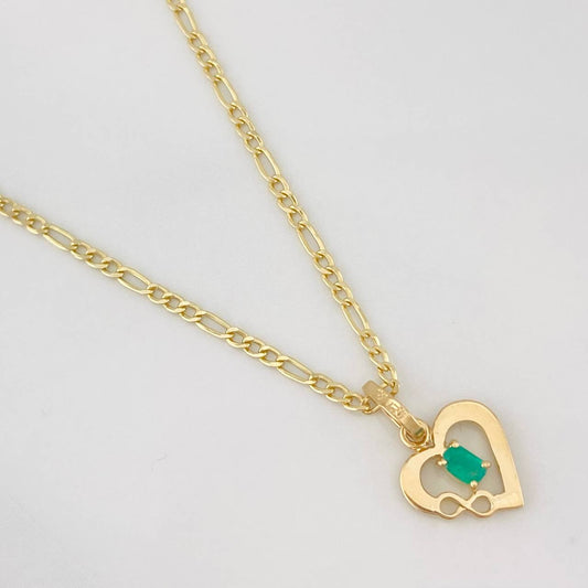 Set Cadena Figaro + Dije Corazon Esmeralda 0.07 pts / 1.75g / 45cm Oro Amarillo 18K