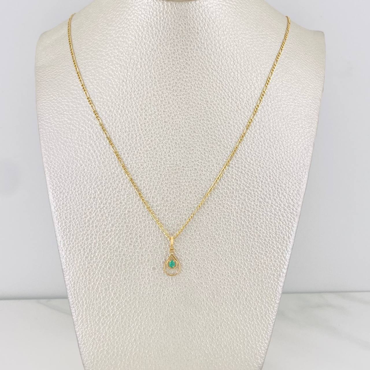 Set Cadena Figaro + Dije Gota Esmeralda 0.07 pts / 1.8g / 45cm Oro Amarillo 18K
