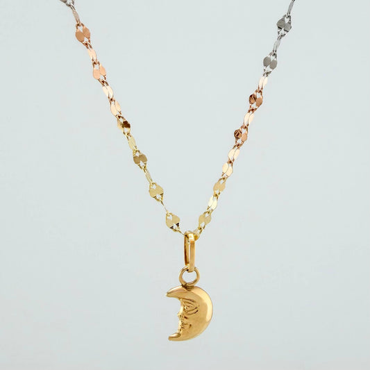 Set Cadena Flor Espejo + Dije Media Luna / 1.15gr / 45 cm Tres Oros 18K