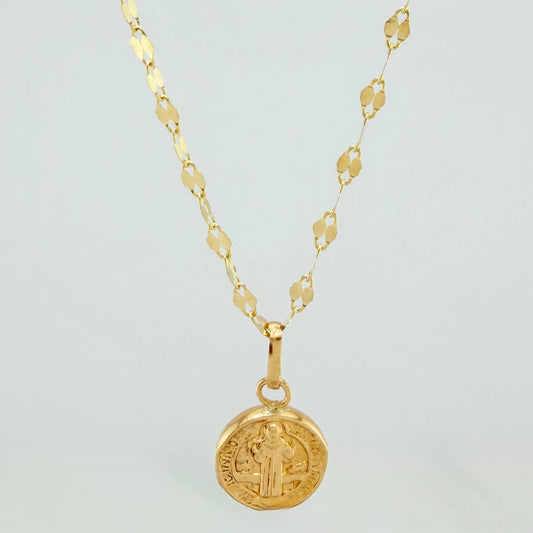 Set Cadena Flor Espejo + Dije San Benito / 1.35gr / 45.3 cm Oro Amarillo 18K