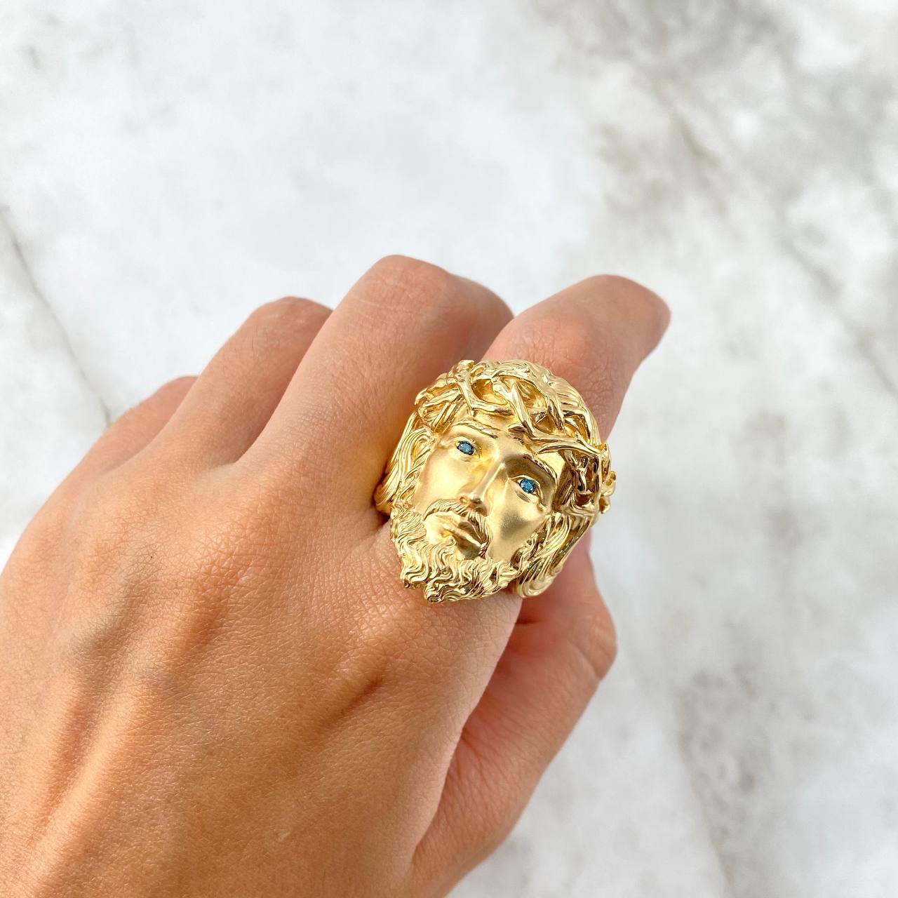 Anillo Rostro de Cristo 16.4gr / T11 1/4 / Circones Celestes Oro Amarillo *