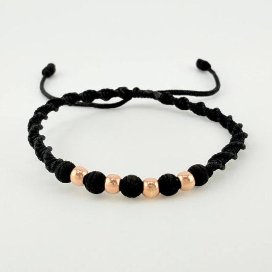 Pulsera Tejida Negra Bolas Lisas Oro Rosa 18K