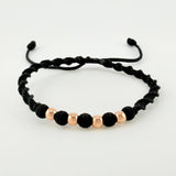 Pulsera Tejida Negra Bolas Lisas Oro Rosa 18K
