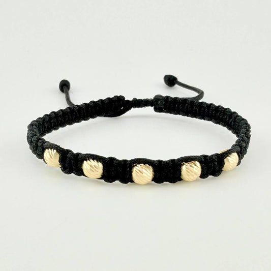 Pulsera Tejida Negra Bolas Diamantadas Oro Amarillo 18K