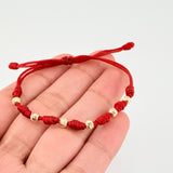 Pulsera Tejida Roja Siete Nudos Bolas Diamantadas Oro Amarillo 18K