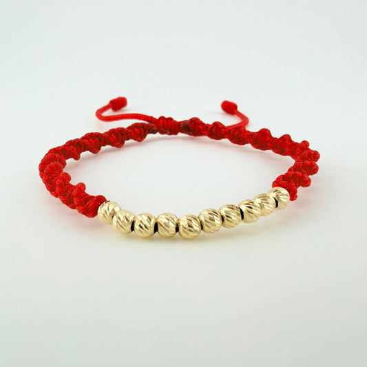 Pulsera Tejida Roja Bolas Diamantadas Oro Amarillo 18K