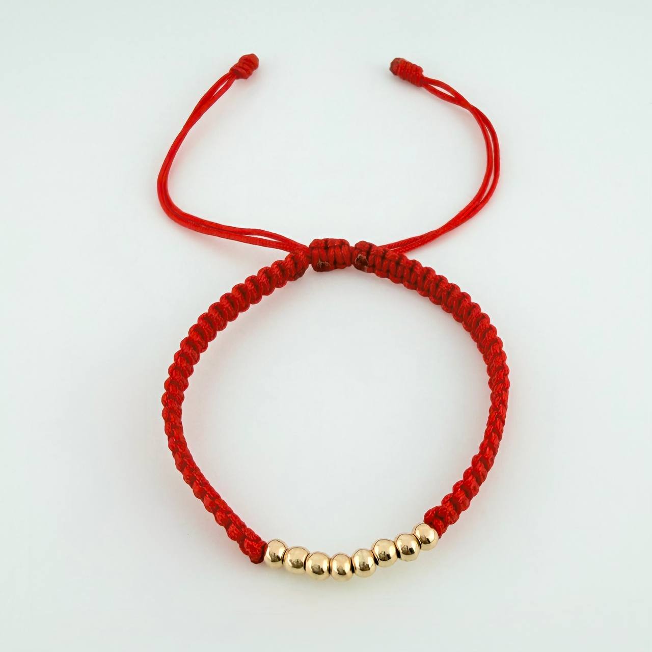 Pulsera Tejida Roja Bolas Lisas Oro Amarillo 18K