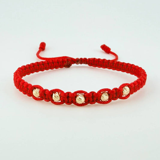 Pulsera Tejida Roja Bolas Diamantadas Oro Amarillo 18K