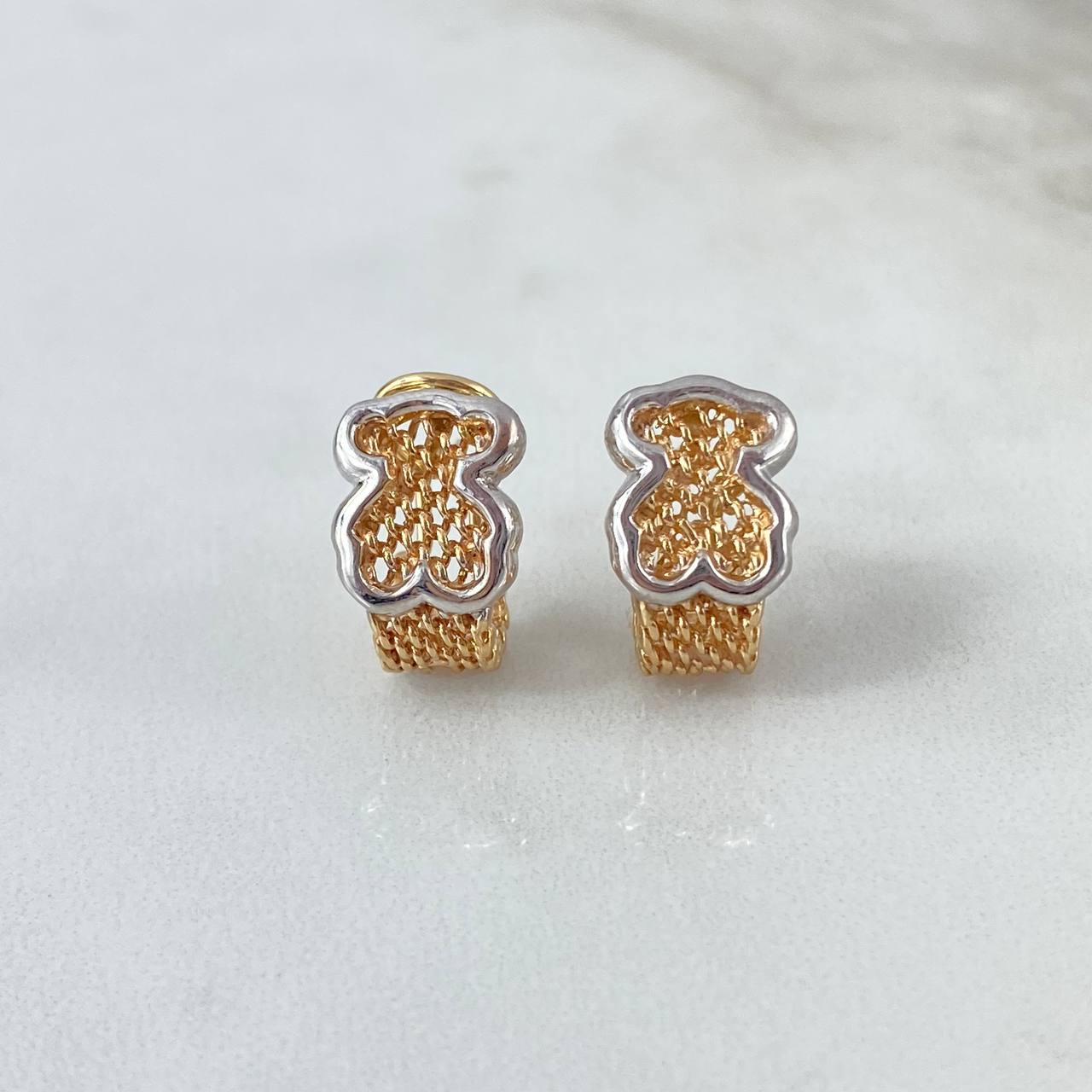 Candongas Malla Oso TS 5.25gr / 1.5cm / Broche Omega Dos Oros Amarillo Blanco 18K (Oferta) ©