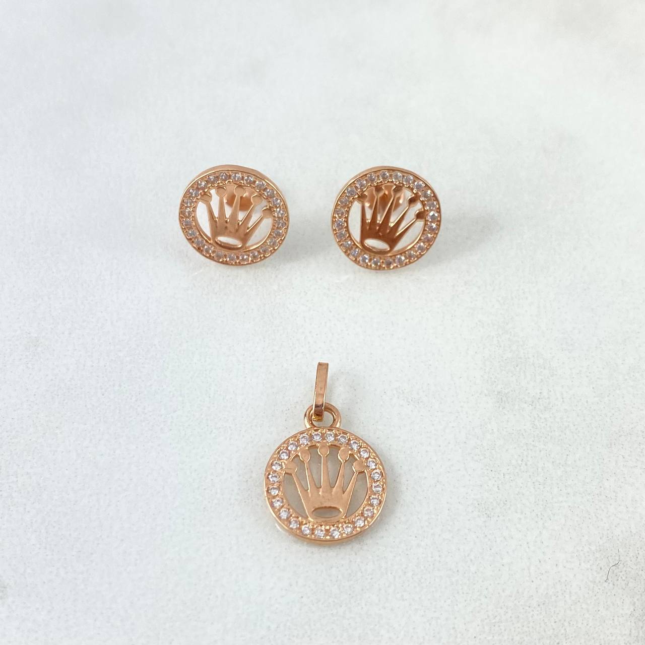 Set Circulo Corona RX 2.6gr Topos + Dije / 1.8cm Circones Blancos Oro Rosa (A.C) ©