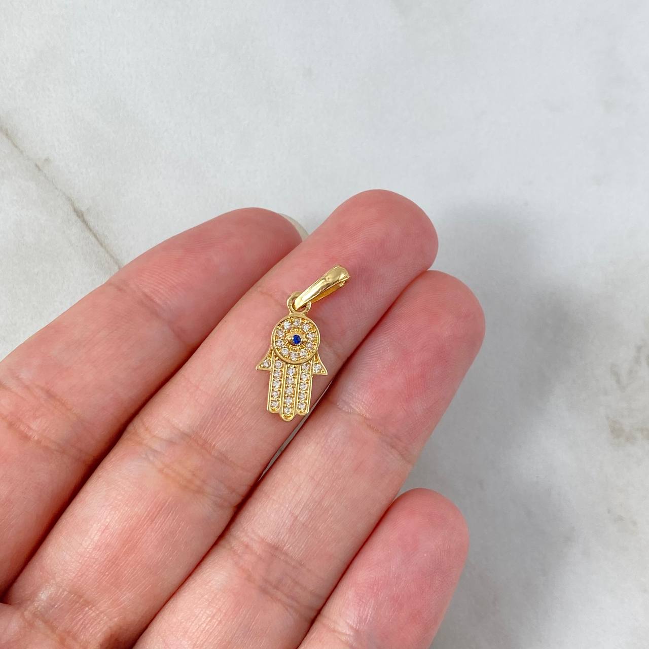 Set Mano Hamsa 3.5gr Dije / 2.2cm + Topos Circones Blancos Azul Oro Amarillo (A.C)