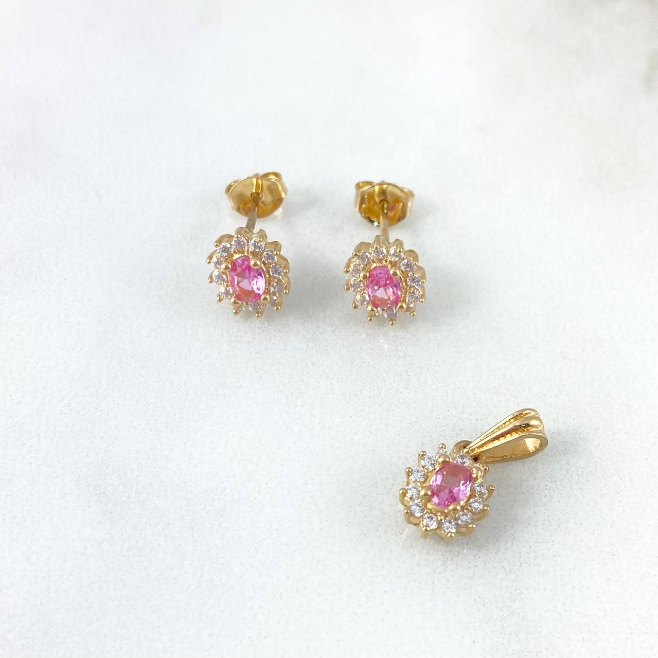 Set Halo Ovalo 3.5gr Dije / 1.5cm + Topos Circones Blancos Rosas Oro Amarillo (A.C)