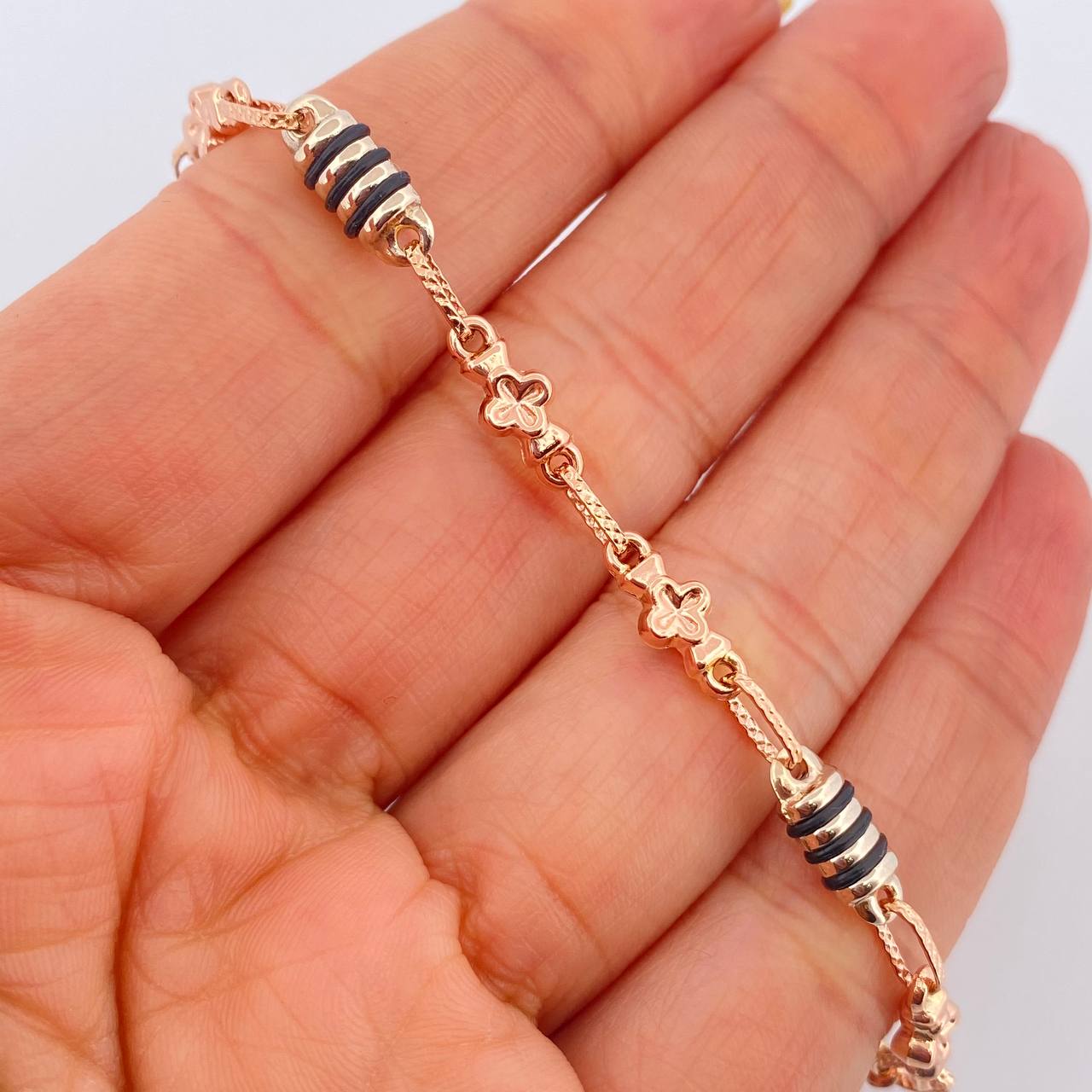 Tobillera Rustica Flores 6gr / 26cm / 4.4mm Dos Oros Blanco Rosa 18K %