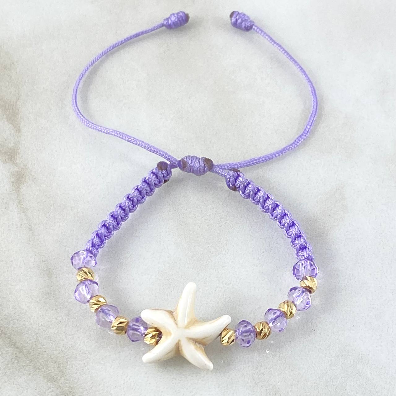 Pulsera Lila Estrella De Mar 0.45gr / 3mm Bolas Diamantadas 8und Oro Amarillo 18K (A.C)