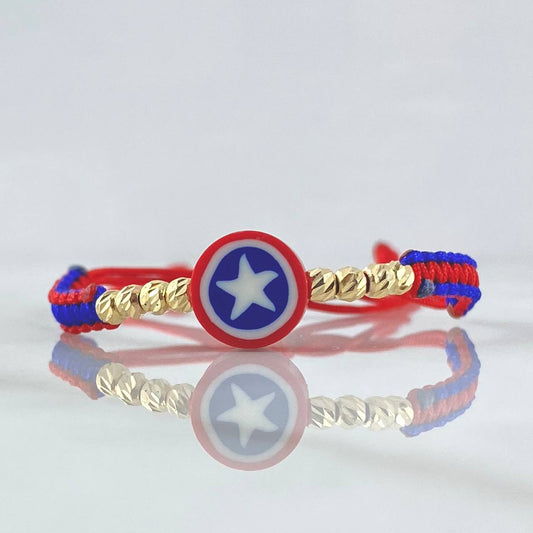 Pulsera Roja Escudo Capitan America 0.45gr / 3mm Bolas Diamantadas 8und Oro Amarillo 18K (A.C)