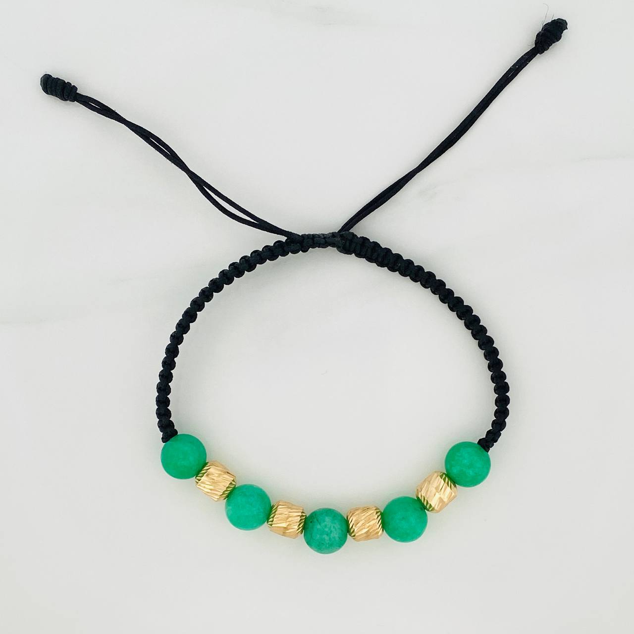 Pulsera Tejida Negra Morralla Esmeralda 5 Und / 6Mm Oro Amarillo 18K