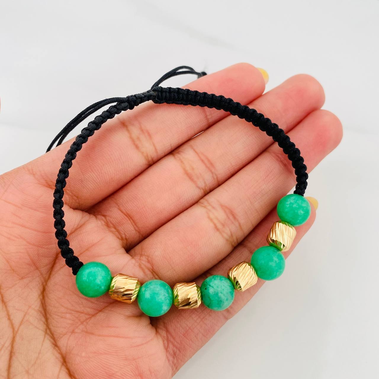 Pulsera Tejida Negra Morralla Esmeralda 5 Und / 6Mm Oro Amarillo 18K
