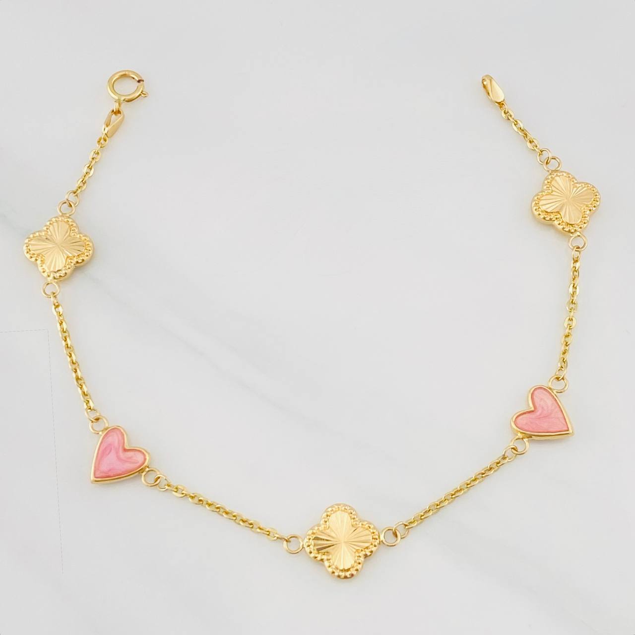 Pulso Aro Seguido Trebol Corazon 3.3g / 18.05cm / 1.43mm Oro Amarillo 18K