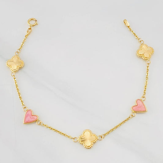 Pulso Aro Seguido Trebol Corazon 3.3g / 18.05cm / 1.43mm Oro Amarillo 18K
