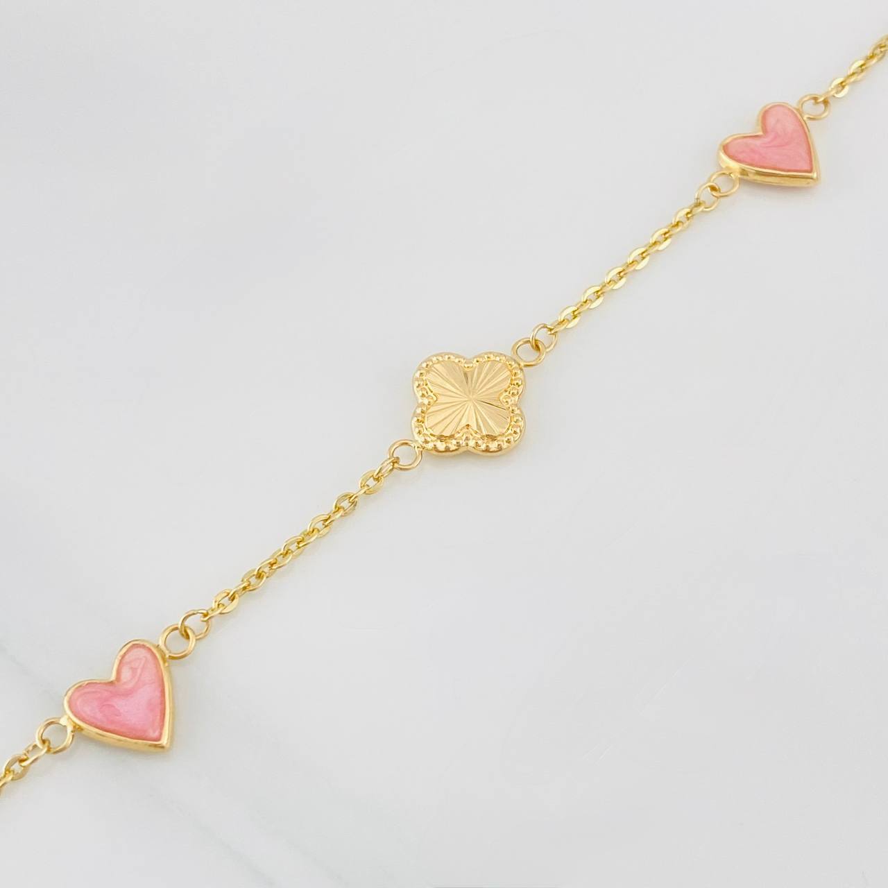 Pulso Aro Seguido Trebol Corazon 3.3g / 18.05cm / 1.43mm Oro Amarillo 18K