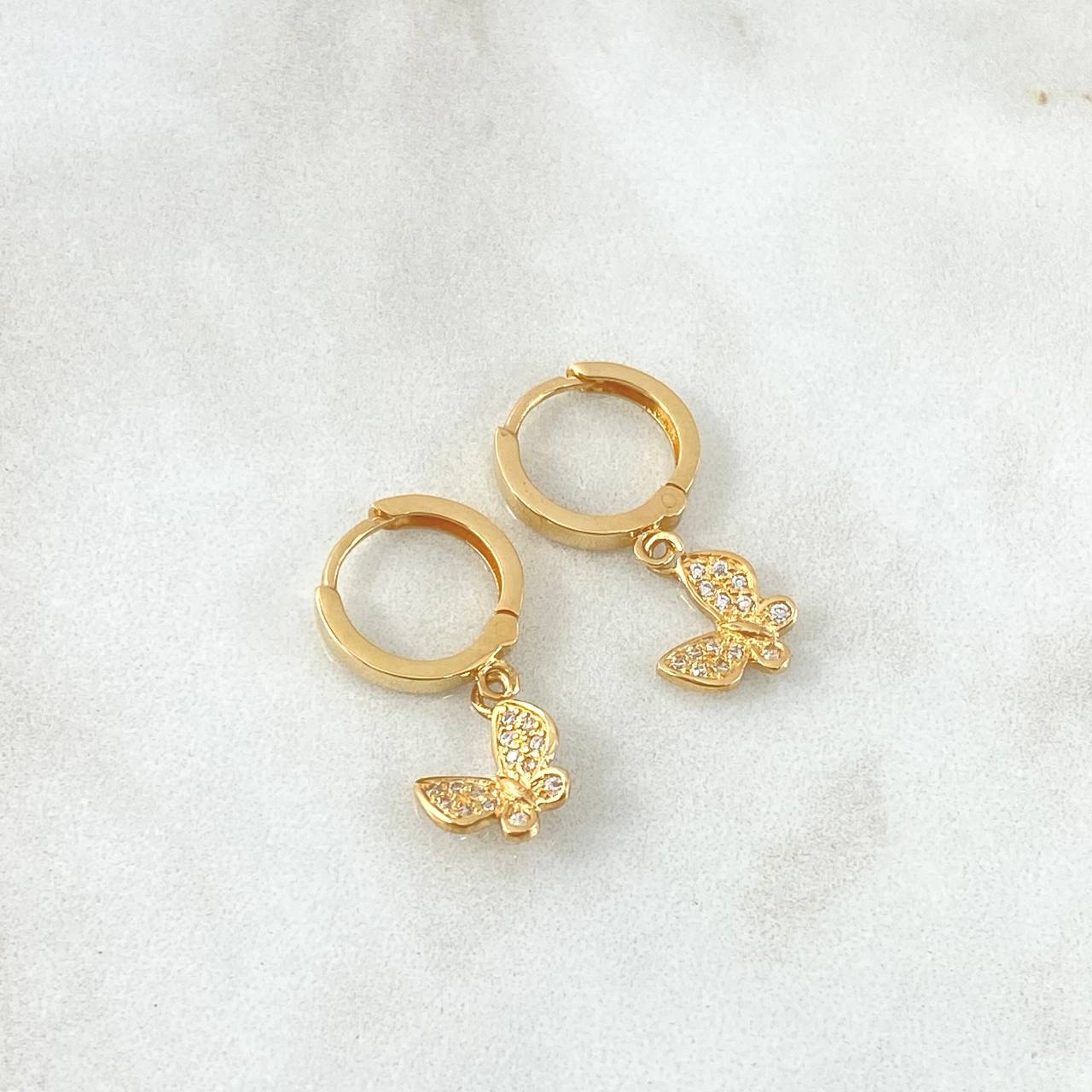 Candongas Mariposa Colgante 3.1gr / 2.5cm / Circones Blancos Oro Amarillo 18K