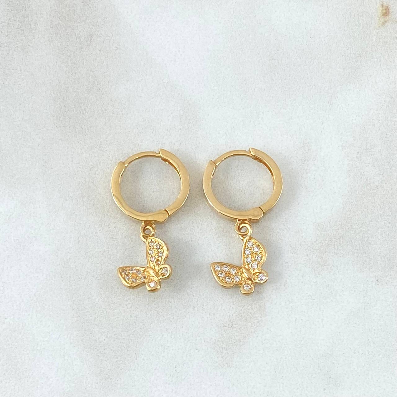 Candongas Mariposa Colgante 3.1gr / 2.5cm / Circones Blancos Oro Amarillo 18K