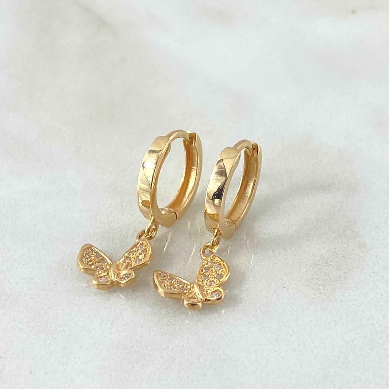 Candongas Mariposa Colgante 3.1gr / 2.5cm / Circones Blancos Oro Amarillo 18K