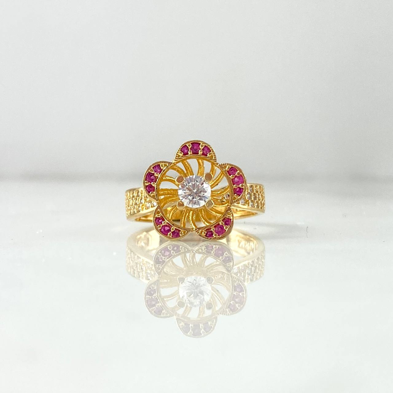 Set Flor 10.4 Anillo / T6 1/2 + Topos + Dije / 2.1cm Circones Fucsias Oro Amarillo (A.C)
