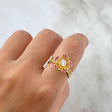 Set Flor 10.4 Anillo / T6 1/2 + Topos + Dije / 2.1cm Circones Fucsias Oro Amarillo (A.C)