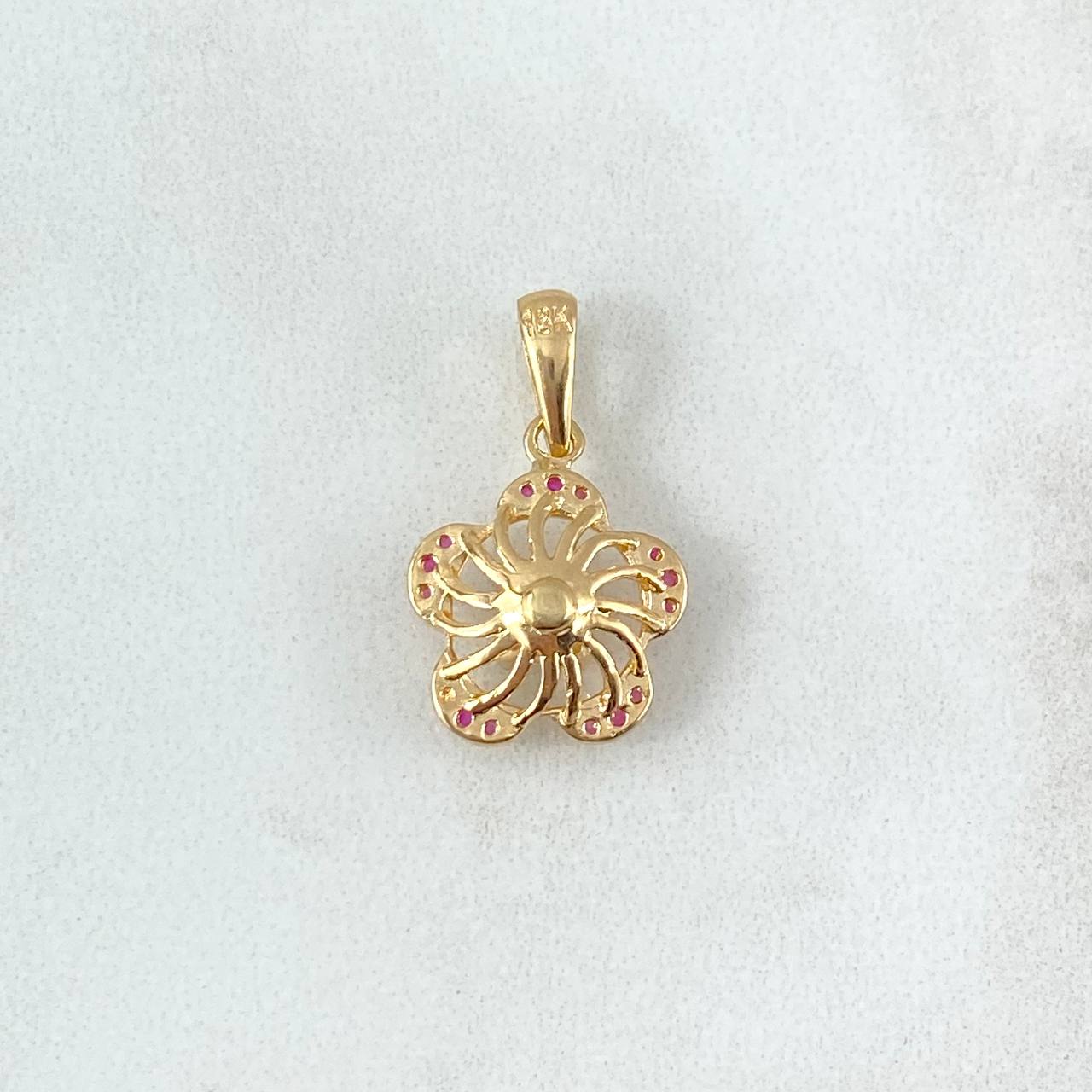 Set Flor 10.4 Anillo / T6 1/2 + Topos + Dije / 2.1cm Circones Fucsias Oro Amarillo (A.C)