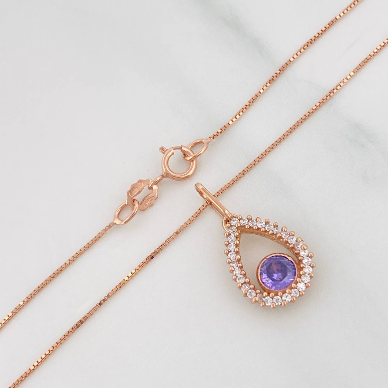 Set Cadena Veneciana + Dije Gota Halo / 2.25g / 45cm Oro Rosa 18K